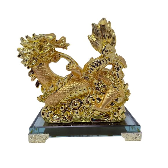 Dragons Rising All Over the World Gold Statue Feng Shui Chinese Figurine 7.5” T - Picture 6 of 8